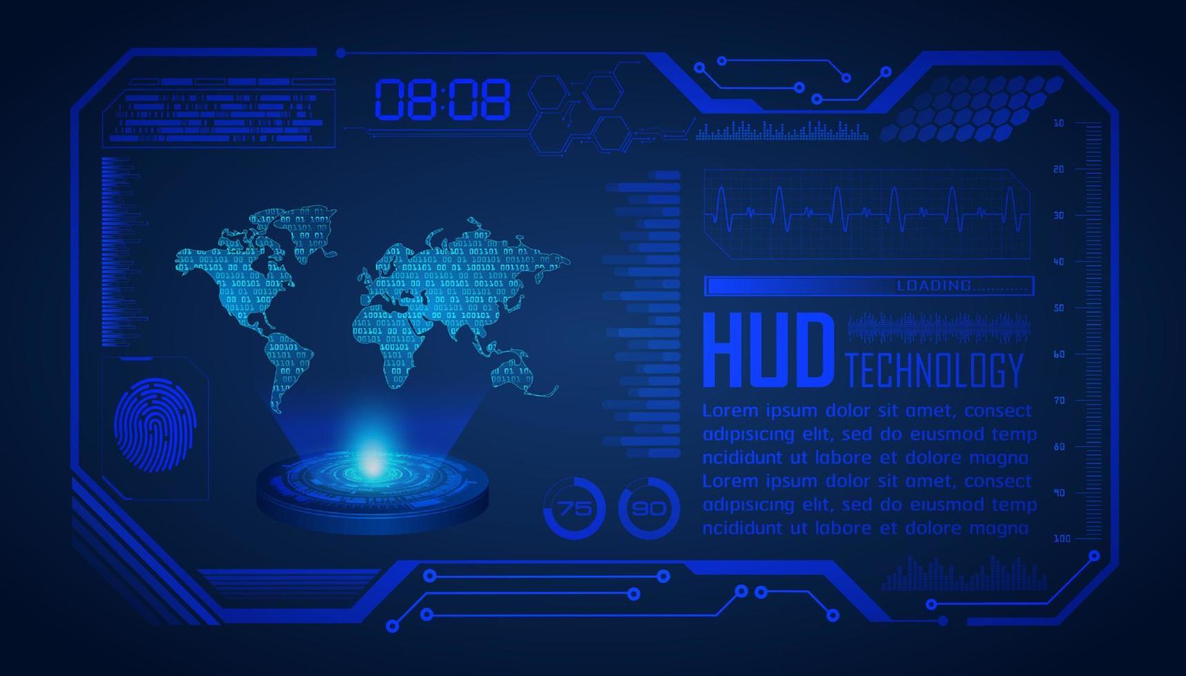 proyector holográfico de mapa del mundo moderno sobre fondo de tecnología vector