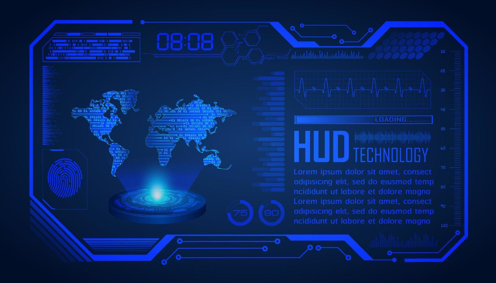 proyector holográfico de mapa del mundo moderno sobre fondo de tecnología vector