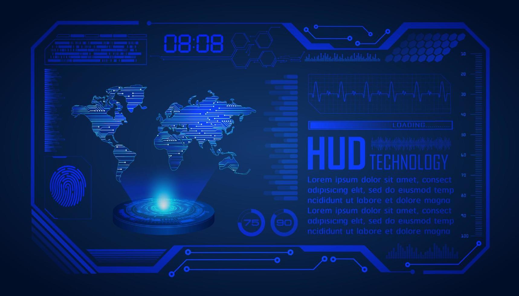 proyector holográfico de mapa del mundo moderno sobre fondo de tecnología vector