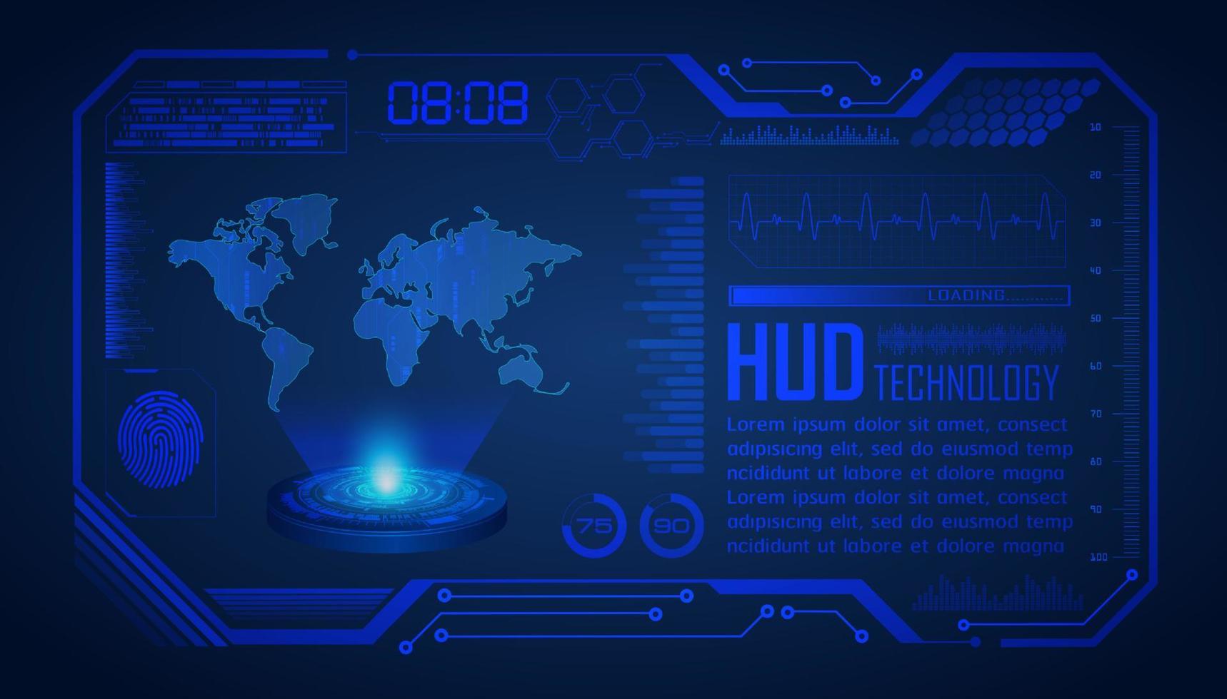 proyector holográfico de mapa del mundo moderno sobre fondo de tecnología vector