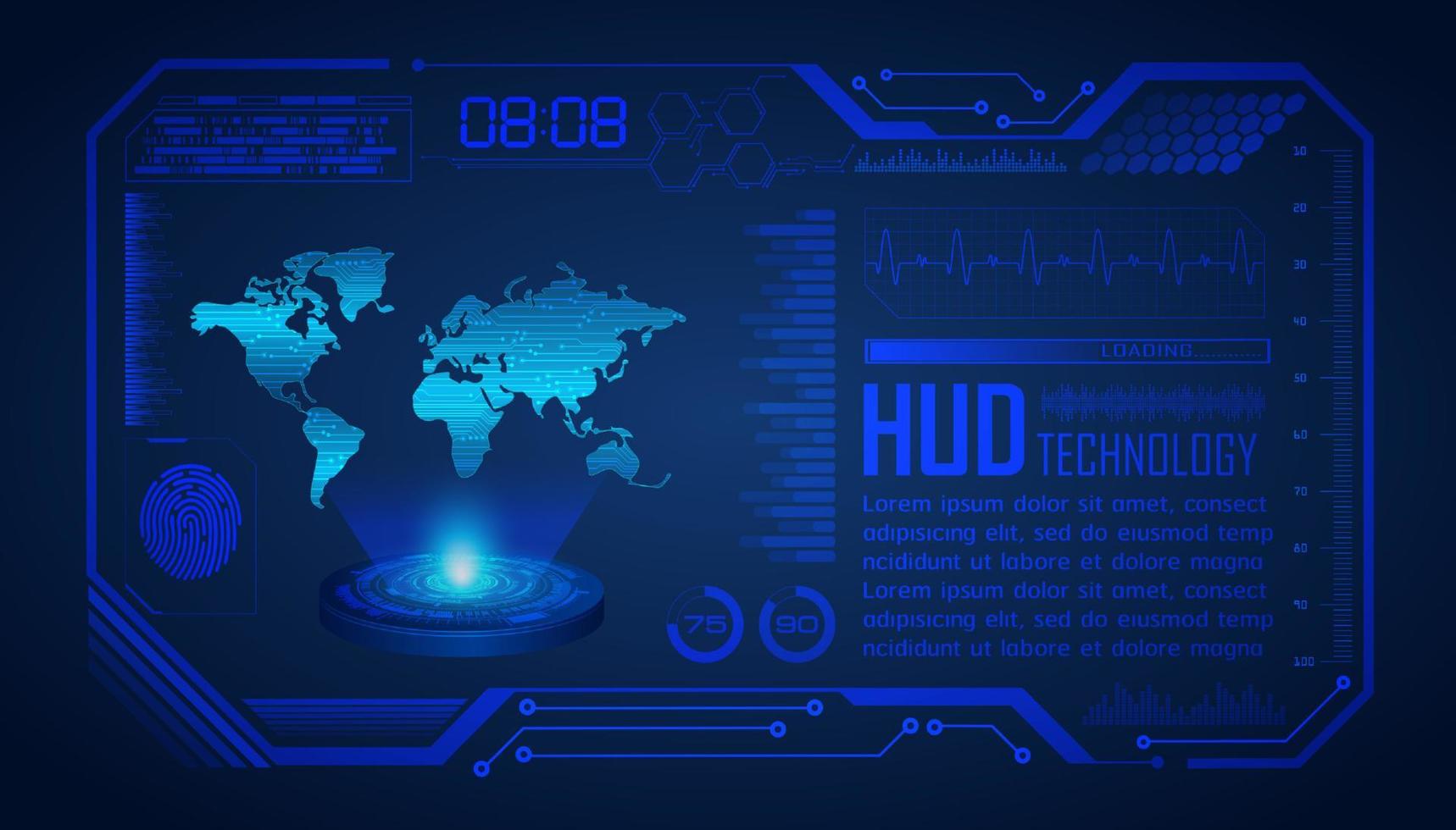 proyector holográfico de mapa del mundo moderno sobre fondo de tecnología vector