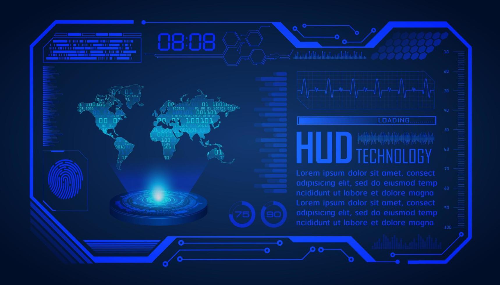 proyector holográfico de mapa del mundo moderno sobre fondo de tecnología vector