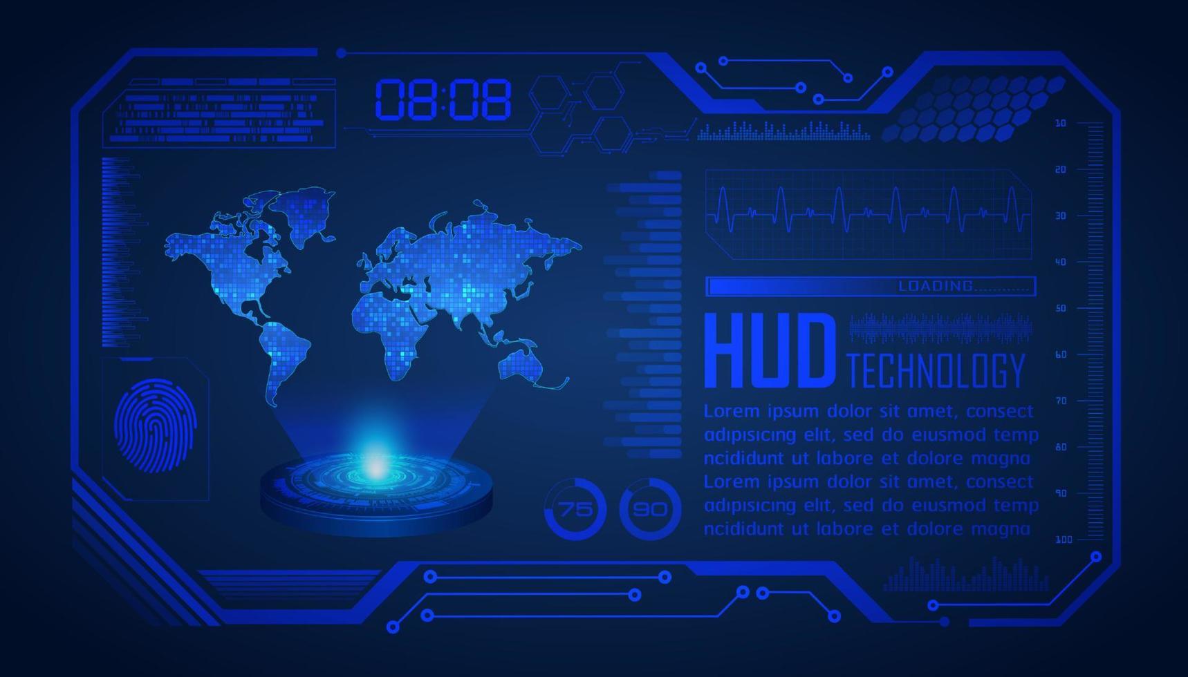 proyector holográfico de mapa del mundo moderno sobre fondo de tecnología vector