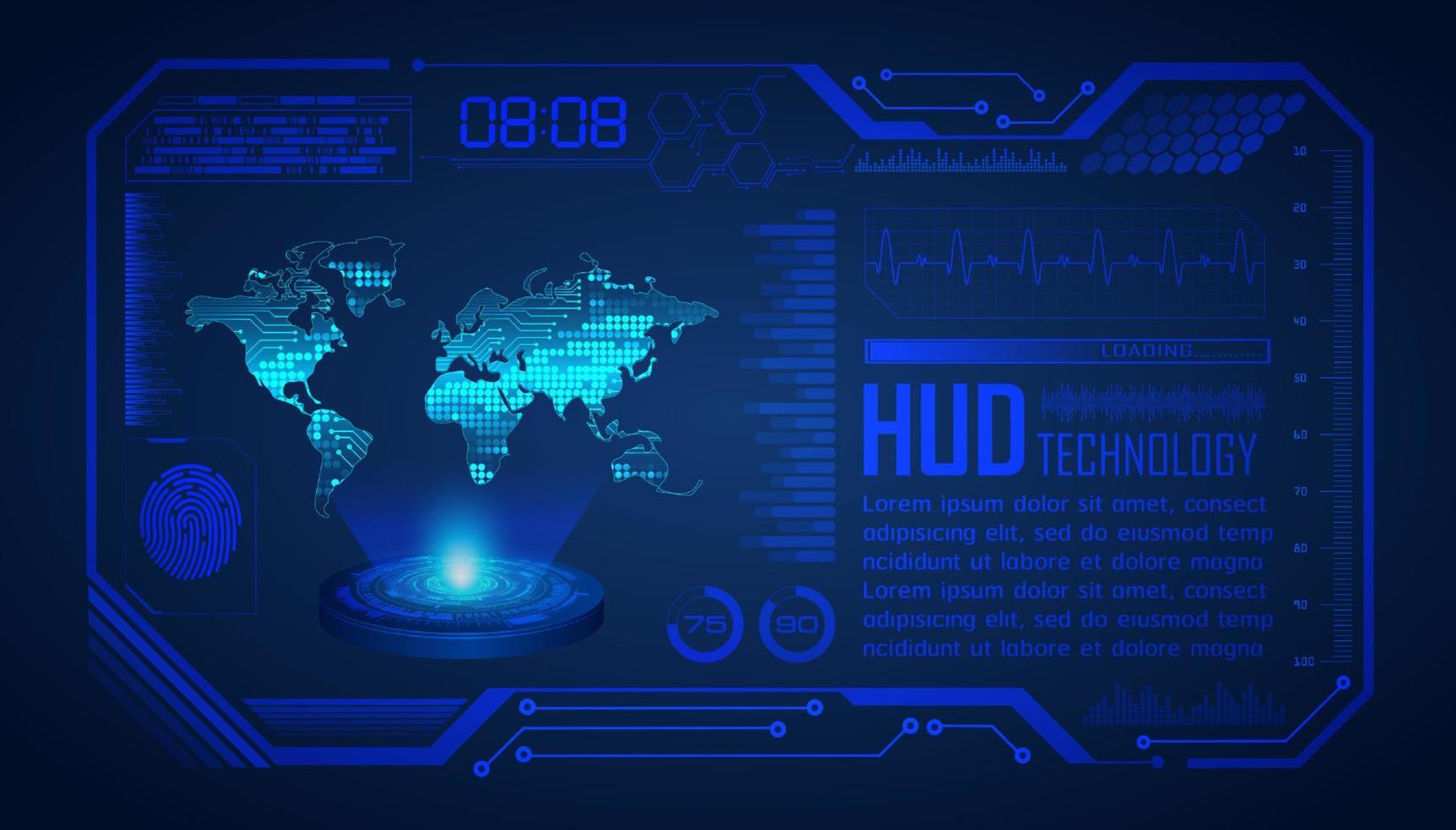 proyector holográfico de mapa del mundo moderno sobre fondo de tecnología vector