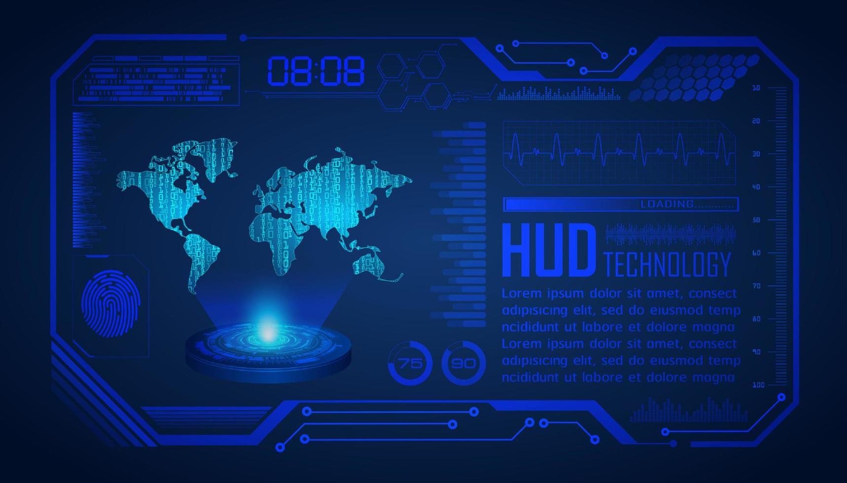 proyector holográfico de mapa del mundo moderno sobre fondo de tecnología vector