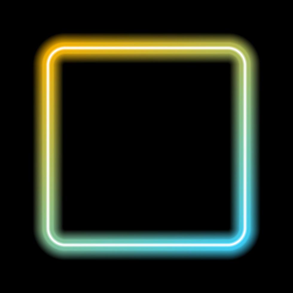 Yellow and blue gradient neon frame. Glowing square, rectangle. Black background. Vector illustration.