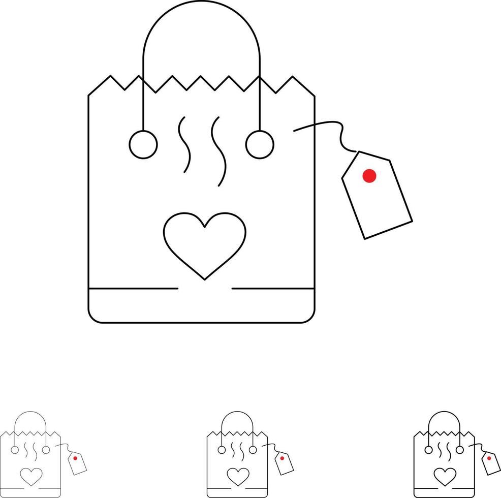 bolso amor corazón boda audaz y delgada línea negra conjunto de iconos vector