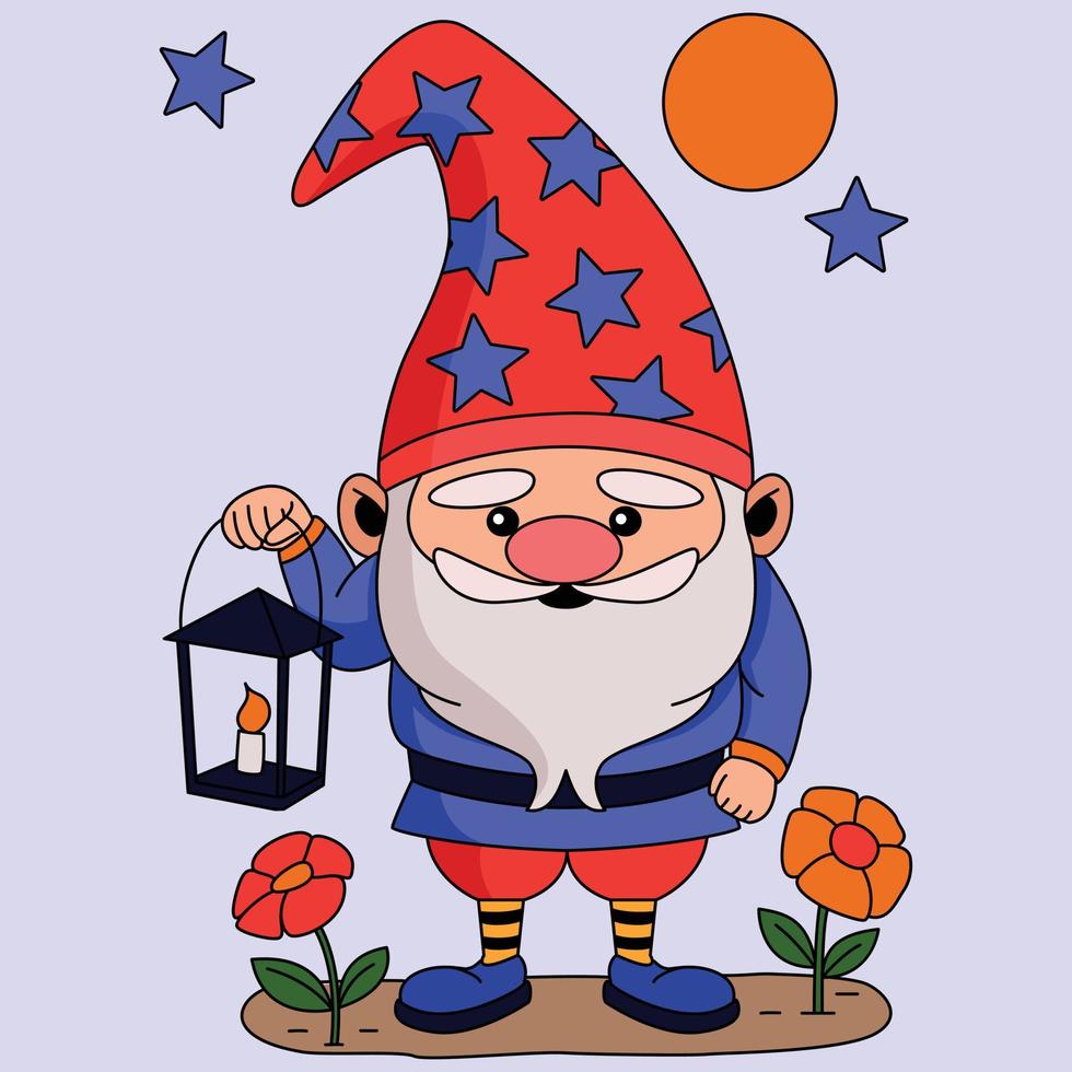 A cute Gnome with a candle lamp flower and star pattern hat colorful vector illustration