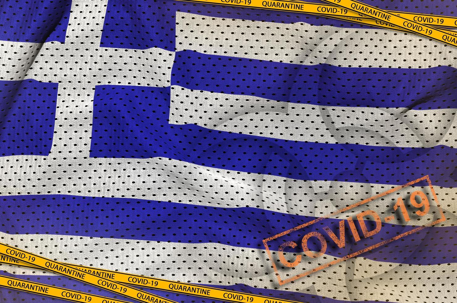 Greece flag and Covid-19 biohazard symbol with quarantine orange tape and stamp. Coronavirus or 2019-nCov virus concept photo