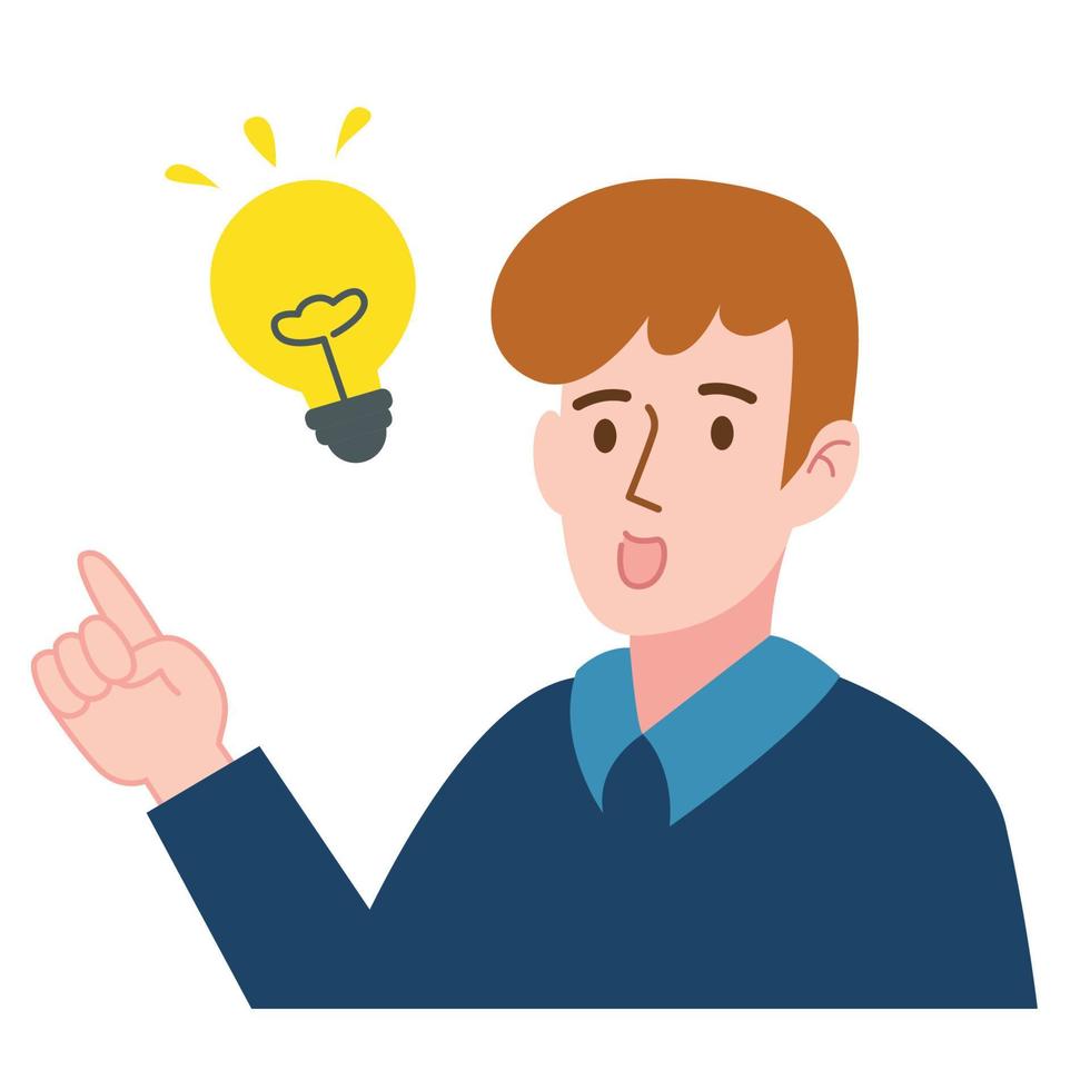 Man having idea with a light bulb. Business concept. Cartoon vector illustration