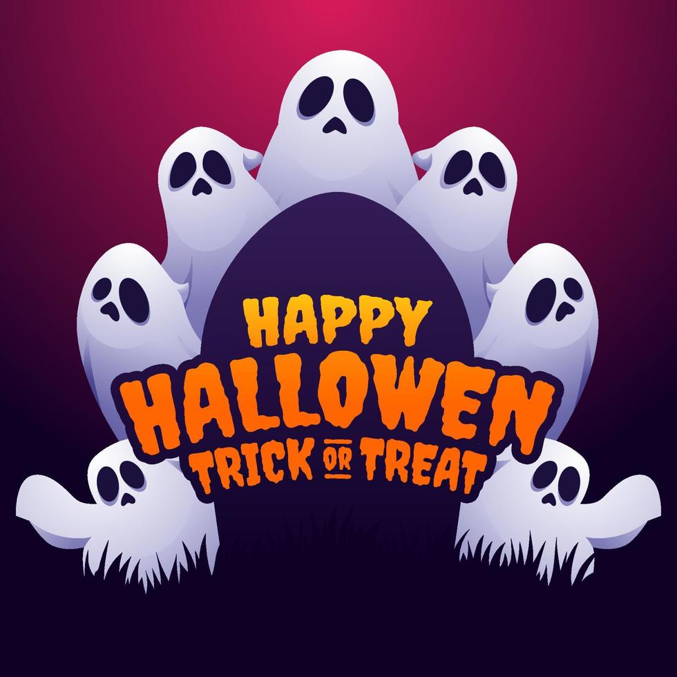 feliz hallowen banner vector, spooky hallowen plantilla de fondo con ilustración de fantasmas para tarjetas de felicitación o publicación en medios sociales vector