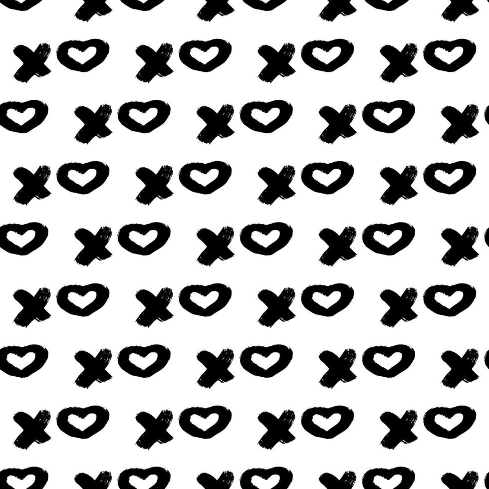 Seamless pattern XOXO with hearts on white background. Hugs and kisses abbreviation symbol. Grunge hand written brush lettering XO. Easy to edit template for Valentines day. Vector illustration.