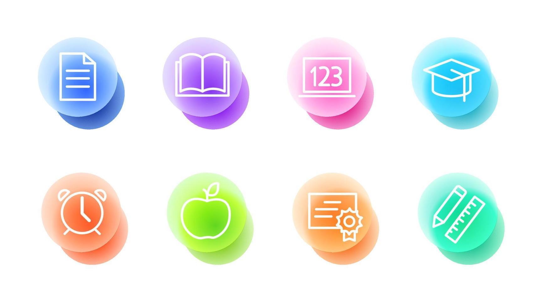 Education icons set in glassmorphic style. Transparent blur glass effect icons. Vector illustration