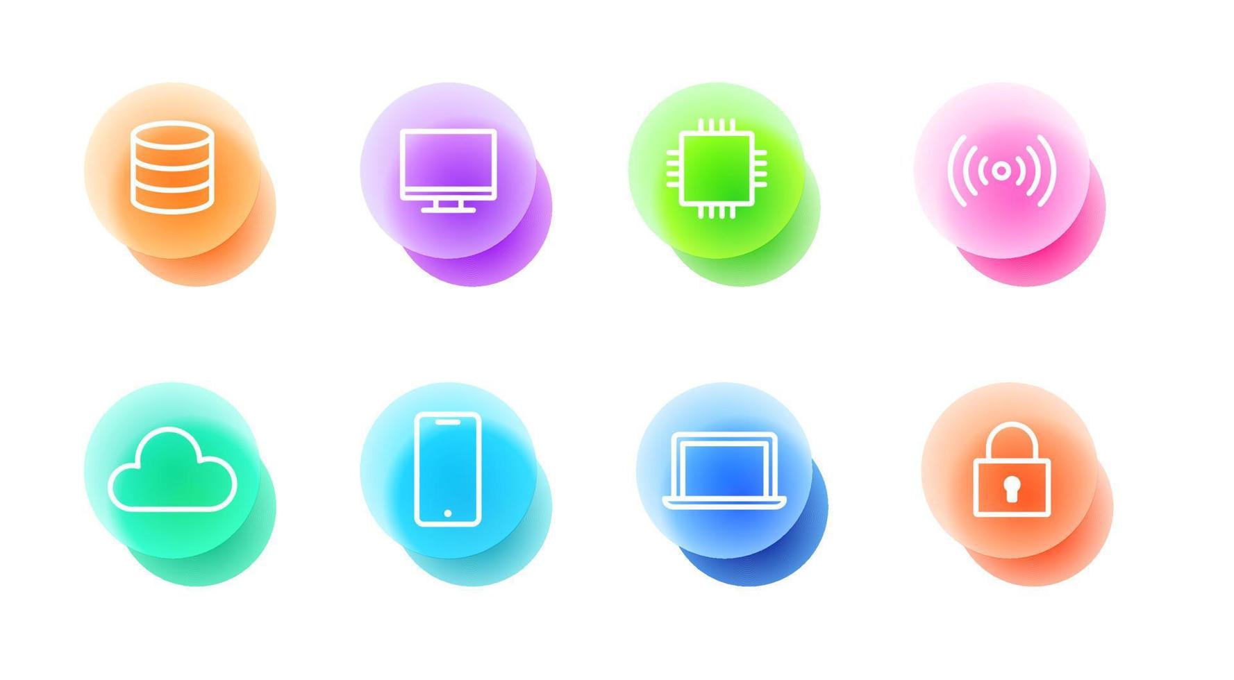 Technology icons set in glassmorphic style. Transparent blur glass effect icons. Vector illustration