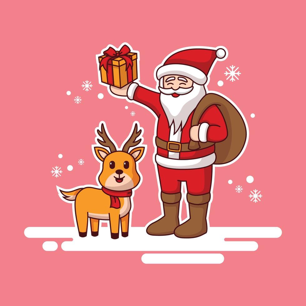 cute Santa mascot holding gift and the deer vector