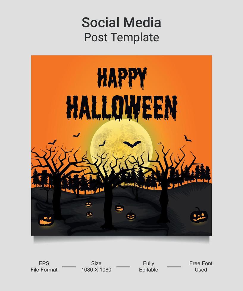 feliz halloween diseño de plantilla de publicación en redes sociales. calabaza con concepto de halloween de terror. ilustración de vector de tarjeta de felicitación, invitación, publicidad de banner web, cartel.