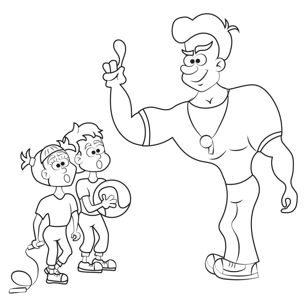 libro de colorear. entrenador da instrucciones a los niños durante la práctica deportiva. El profesor de educación física explica a los alumnos cómo hacer el ejercicio. ilustración vectorial dibujos animados. 13191569 Vector libro de colorear. entrenador da instrucciones a los niños durante la práctica deportiva. El profesor de educación física explica a los alumnos cómo hacer el ejercicio. ilustración vectorial dibujos animados. 13191569 Vector