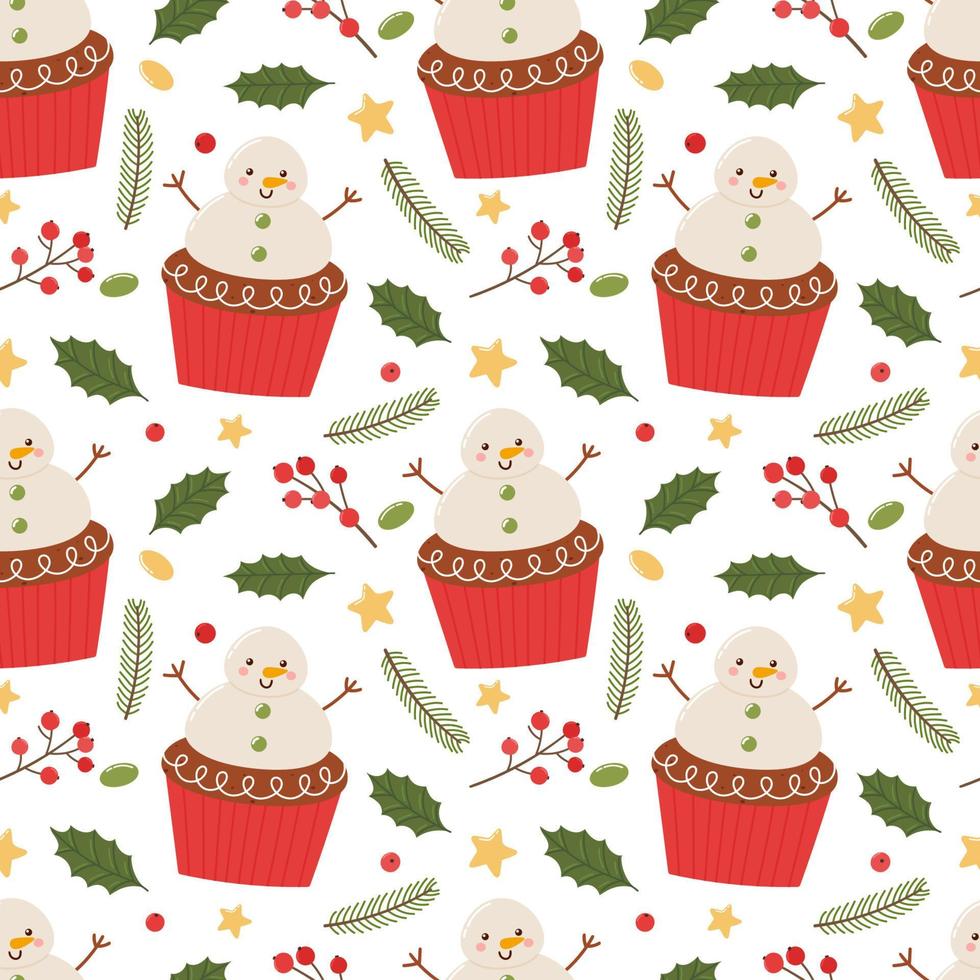 Cute snowman cupcake seamless pattern, hand drawn on a white background. vector