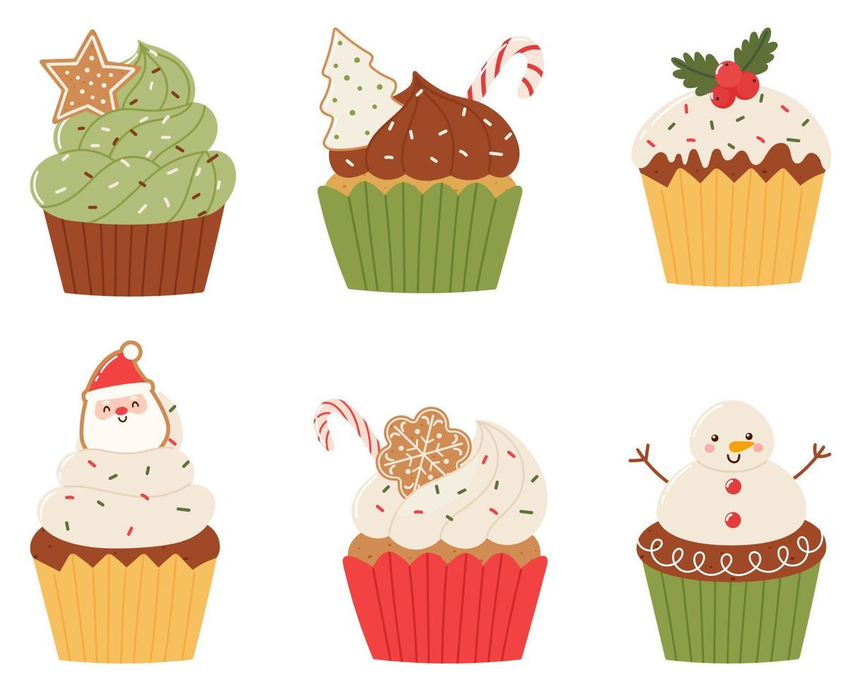 Christmas cupcakes set. Various holiday cupcakes in flat cartoon style. Vector illustration isolated on white background