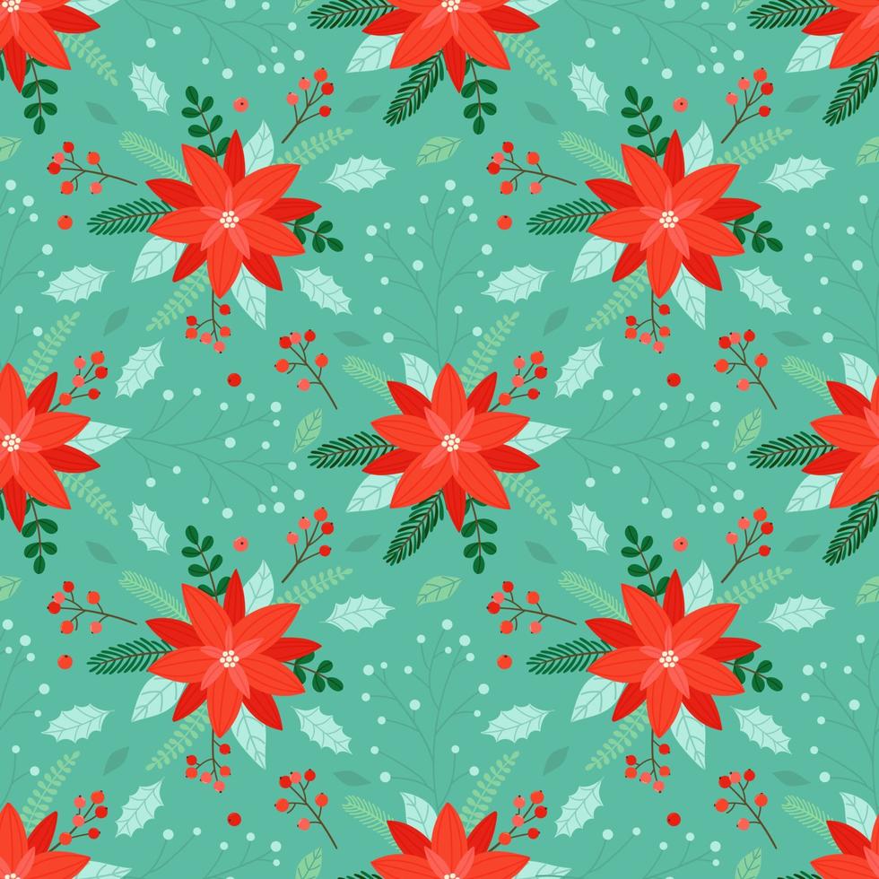 Christmas seamless pattern with poinsettia flowers, branches and berries on a light green background. Vector background for christmas packaging, fabric, textile, wrapping paper