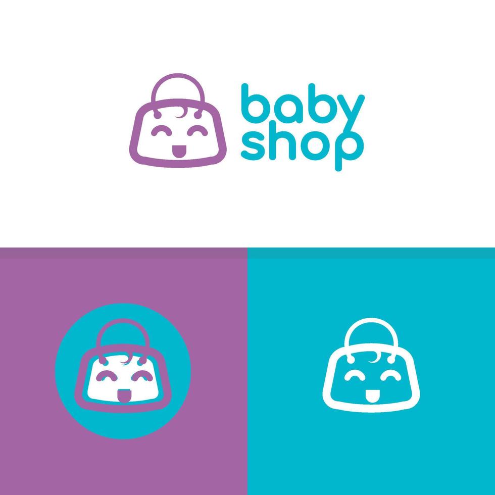 vector de plantilla de inspiración de diseño de logotipo de tienda de bebé simple, icono de bebé de sonrisa combinado con símbolo de bolsa de compras