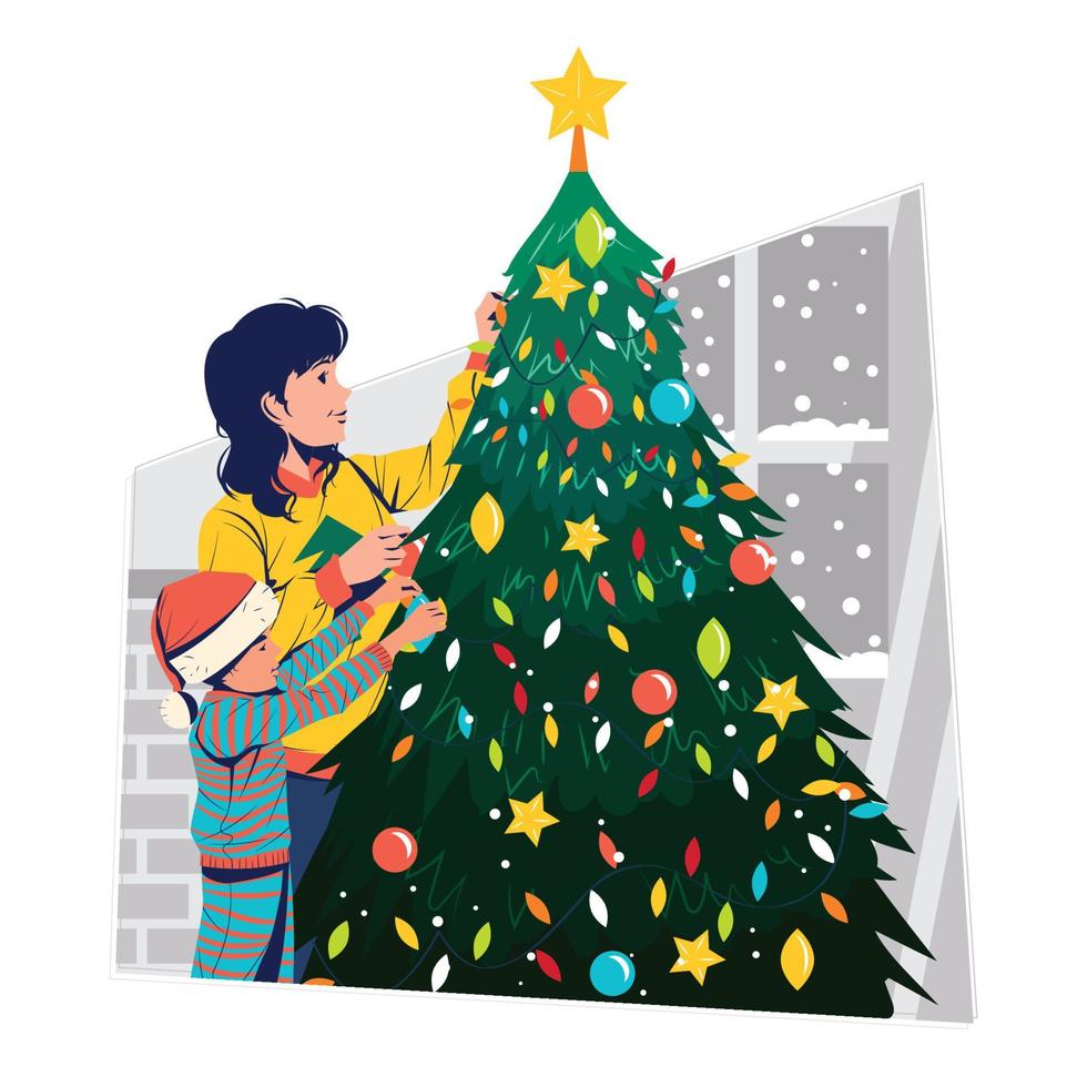 Mother and Son Decorating Christmas Tree Concept vector