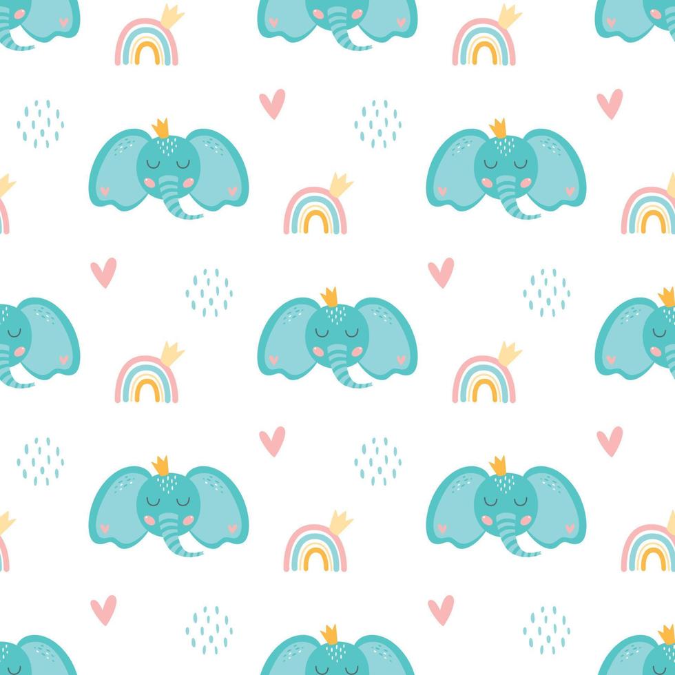 Baby elephant pattern. Sweet elephant patterns Cartoon blue elephant head with crown, rainbow, cute animal. Seamless background. Kids nuersey collection. Children vector illustration, baby wallpaper.