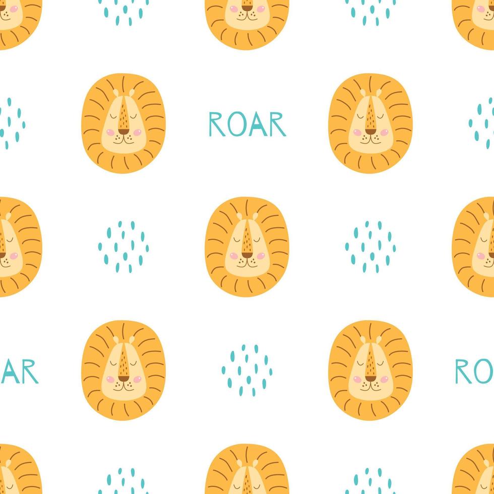 Cute lion baby pattern. Childish fabric print with funny safari lions head. Scandinavian kids texture for wrapping paper, textile, wallpaper. Safari animal background. Vector illustration background.