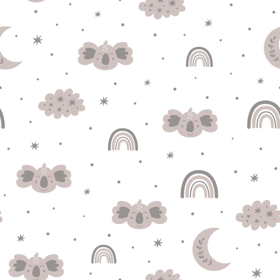 Baby bear pattern. Sweet dream. Sleeping koala bear on the moon, rainbows, clouds, stars. Scandinavian kids texture for fabric, wrapping, textile, wallpaper, apparel. Good night. Vector illustration.