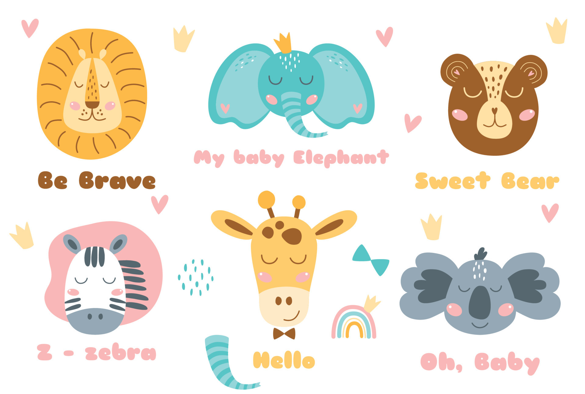 Safari animal heads set Baby animal head cute animals ant text. Zebra