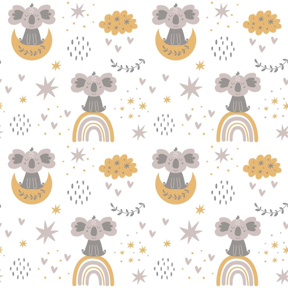 Moon rainbow nursery baby seamless pattern with cute koala. Childish clouds, stars background. Soft baby print. Light kids fabric design. Sleeping nursery pattern. Baby koala vector illustration.