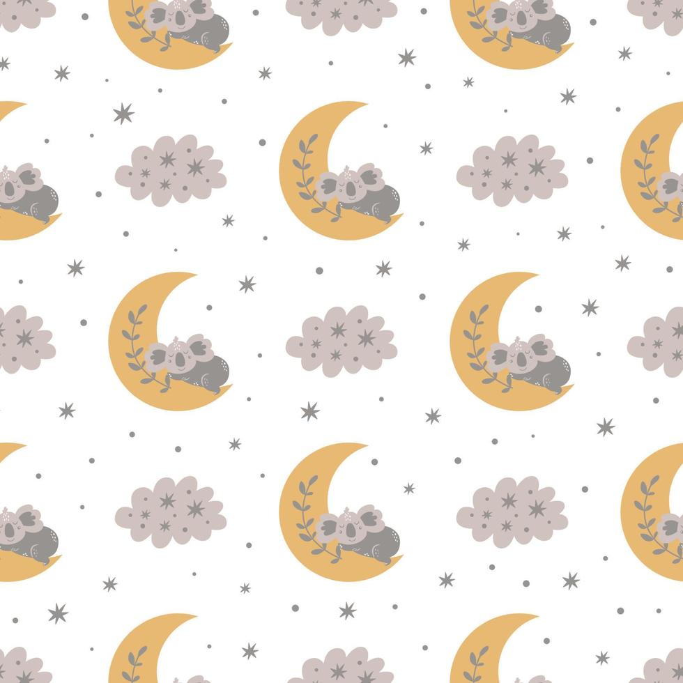 Sleeping koala bear on the moon. Baby seamless pattern in Scandinavian cute animal. Cute koala, cloud, dreaming concept. Grey cute kids bed linen, wallpaper, textile wrap paper. Vector illustration.