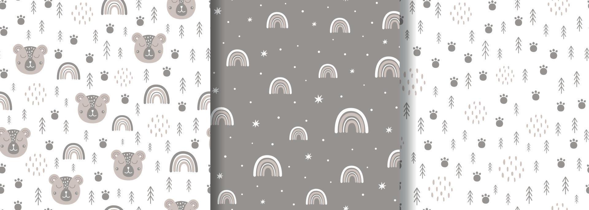 conjunto de patrones sin fisuras del bosque. pata animal escandinava, árbol forestal. linda superficie de vida silvestre. oso bebé, arco iris, fondo tribal infantil, tela, diseño textil. ilustración vectorial rústica. color gris. vector