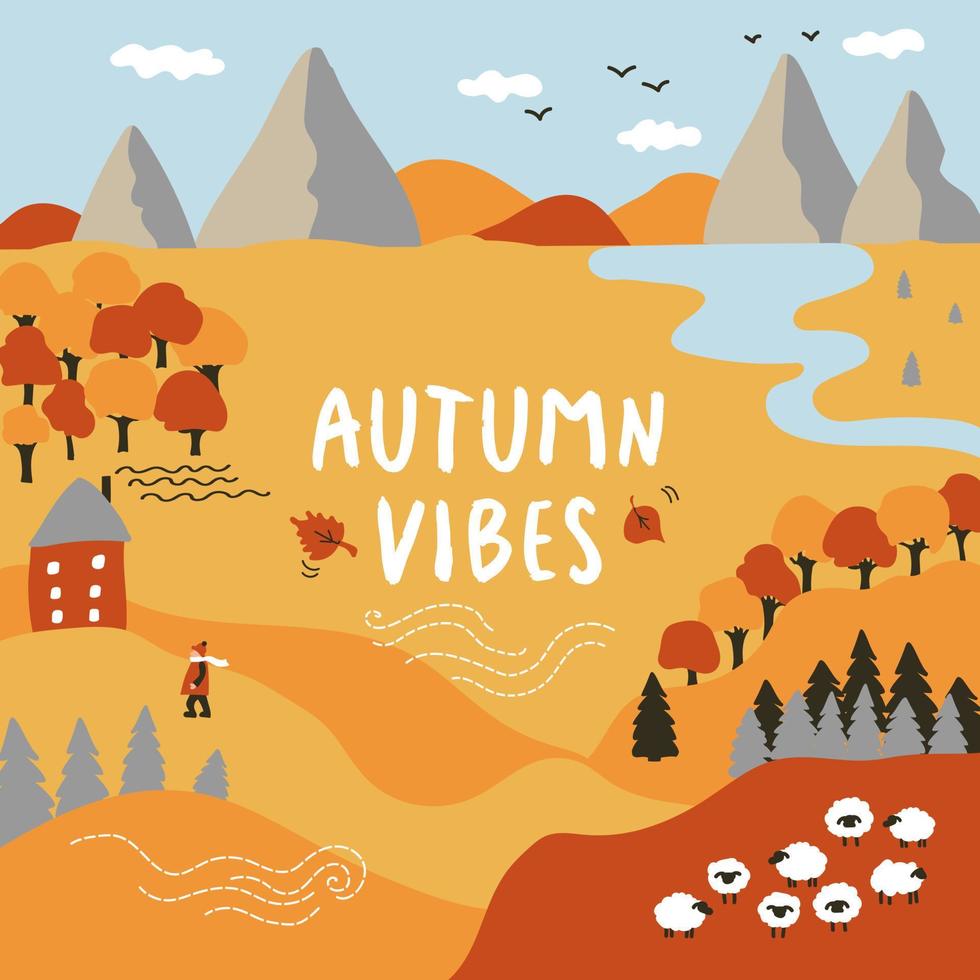 Autumn vibes. Fall landscape. Mountains, river, hills, trees, a cozy house, flock of sheep. Vector background.