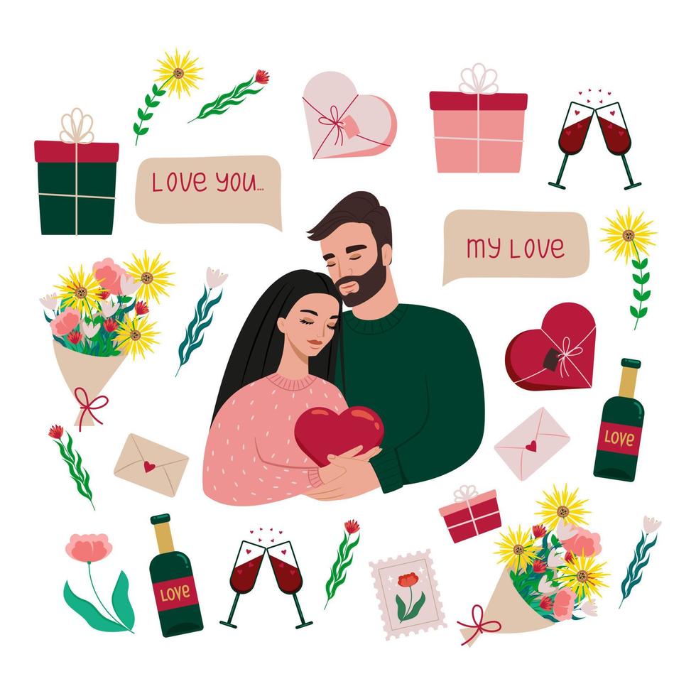 Beautiful Couple of lovers hugging, items for St. Valentine's Day, bottle of wine, wine glasses, gifts, bouquet of flowers, love letter. Vector illustration