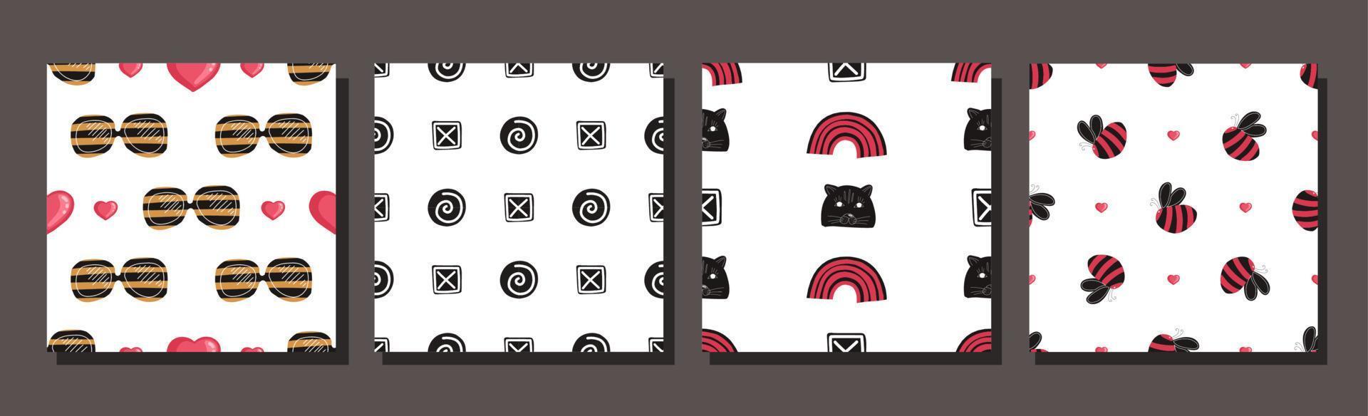 Set of seamless patterns in 60s style. Red black patterns. vector