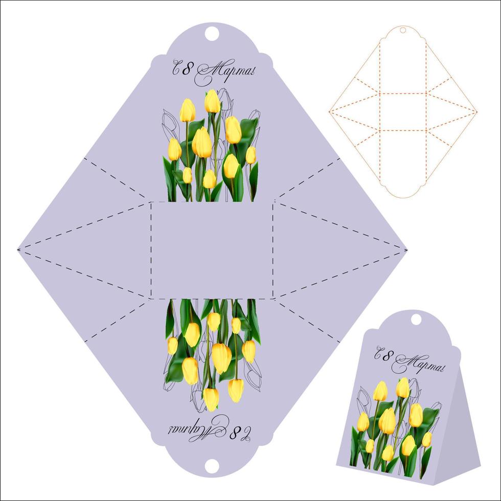 Gift box template. cut and bend. Isolated. International Women s Day pattern. Blank label. Template.Mother s day gift. Spring flowers vector