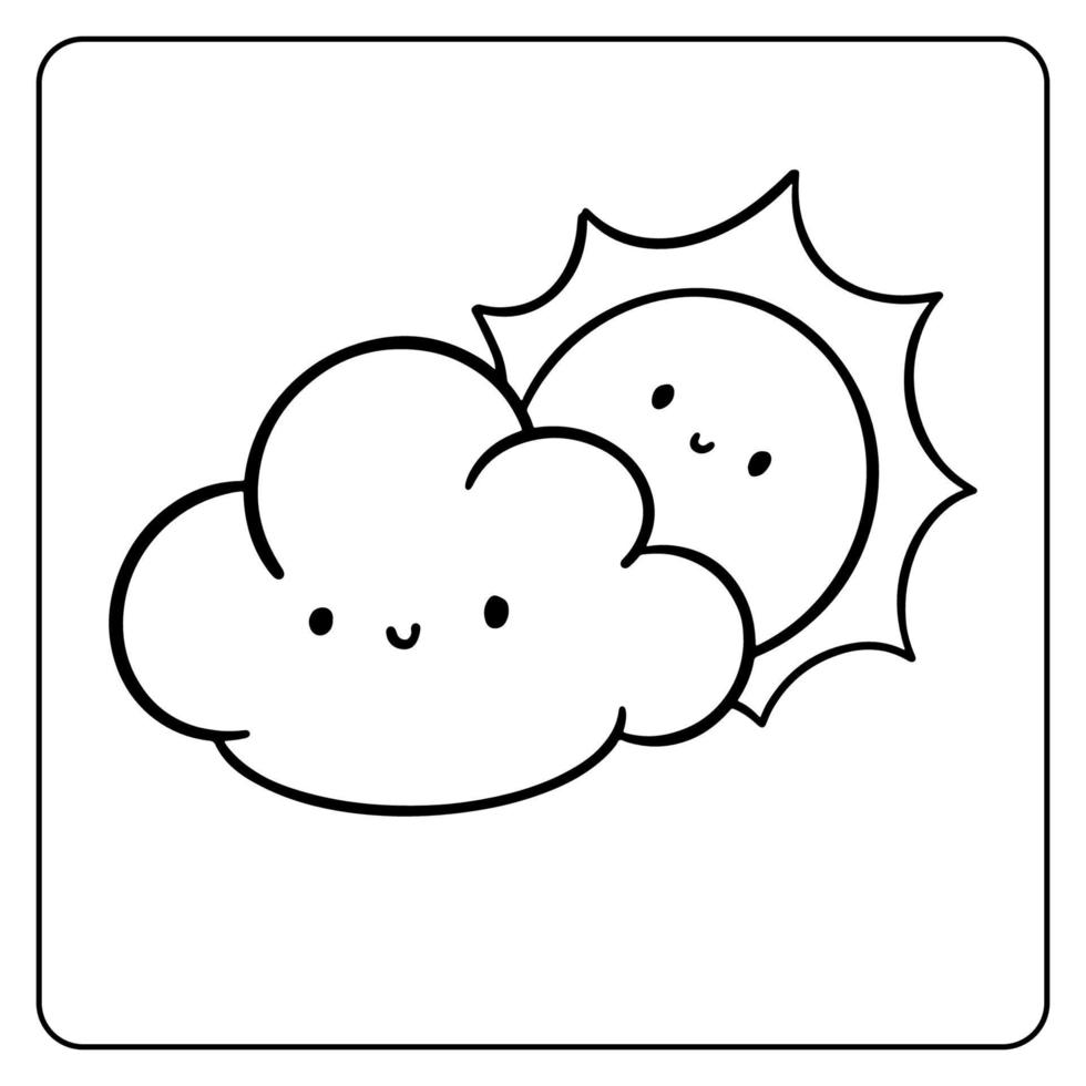 Linda nube y sol dibujos animados arte lineal para colorear página vector