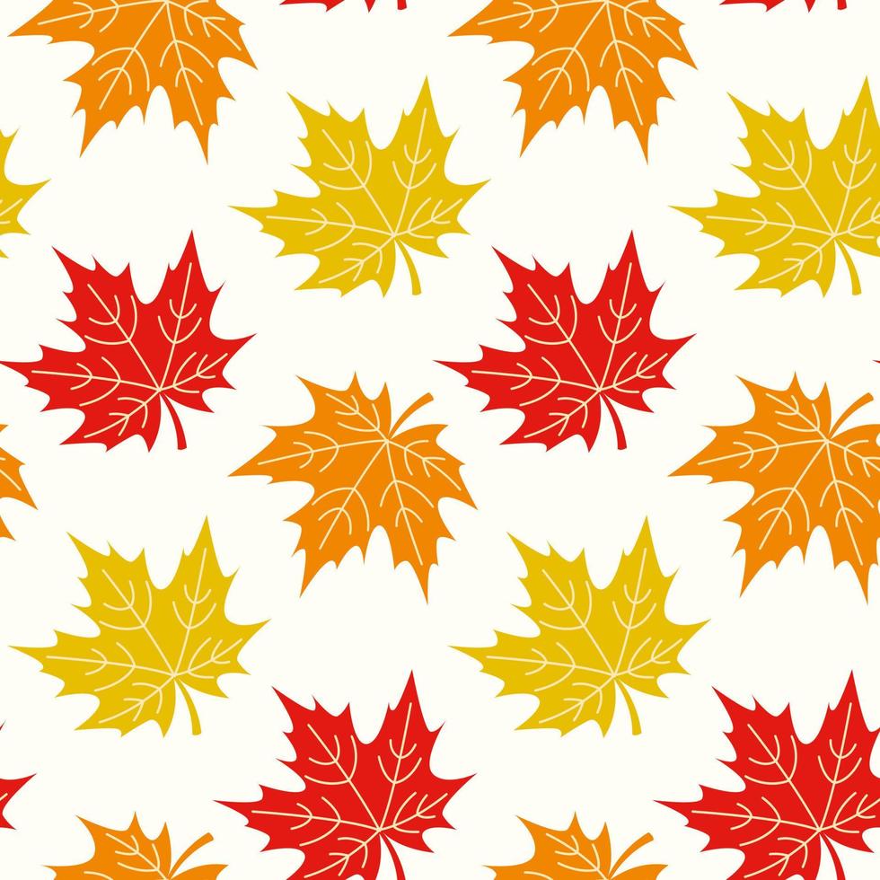 Seamless pattern with maple leaves. Hand drawn vector illustration in warm colours. Background for Autumn harvest holiday, Thanksgiving, Halloween, seasonal, textile, scrapbooking.