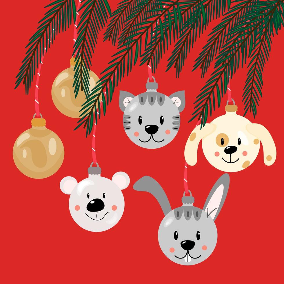 Cute New Year's toys on the branches of a spruce. Vector flat illustration.