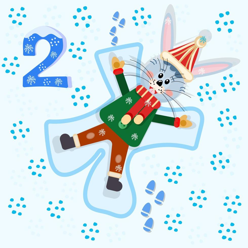 Number two from the New Year's advent calendar. Eve 2023. Year of the hare, rabbit. Vector illustration.