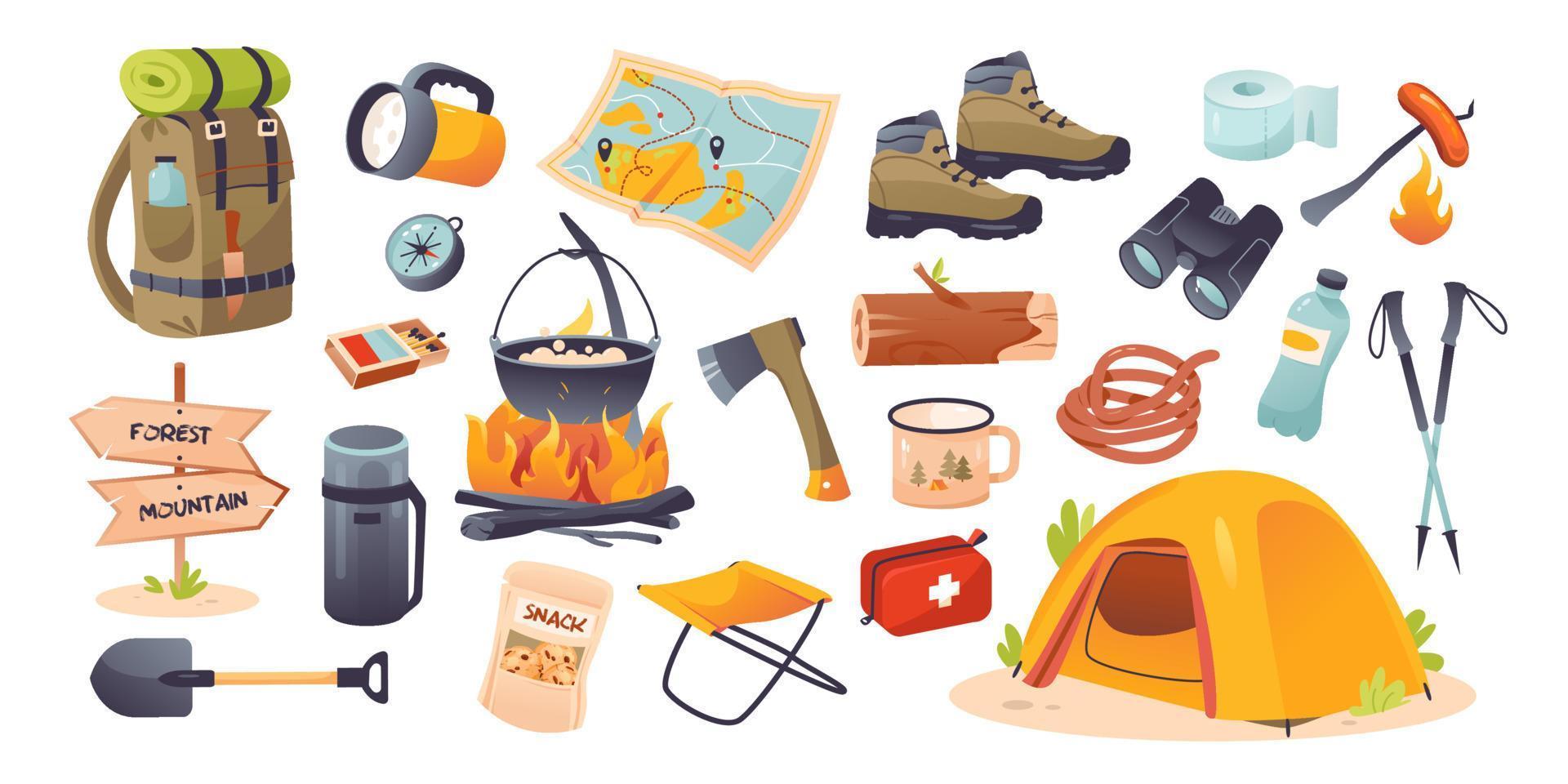 Bundle hiking collection. Hiking camping items. Hiking, camping. Cartoon vector illustration