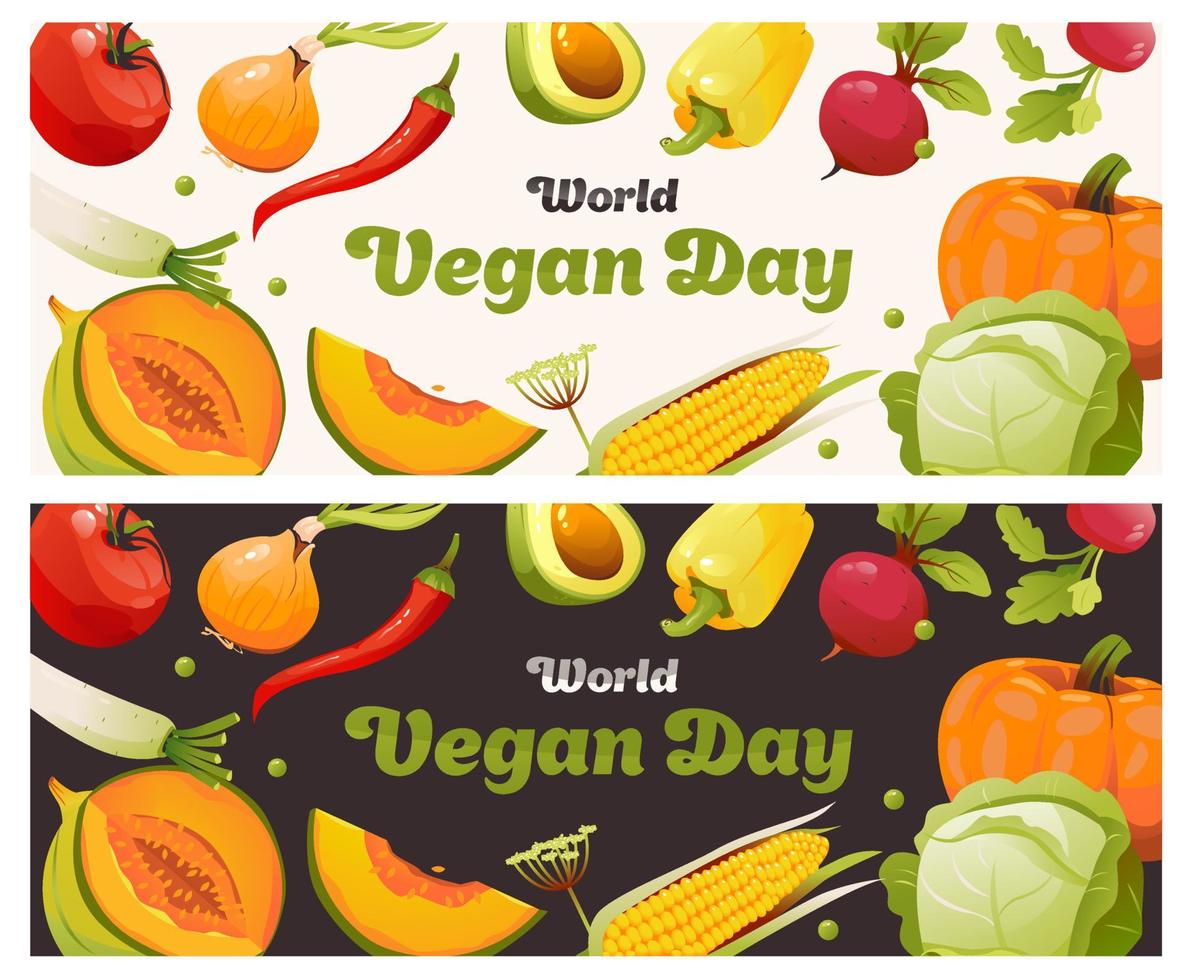World Vegan Day banner. Natural organic nutrition. Healthy food. Vector illustration in cartoon style