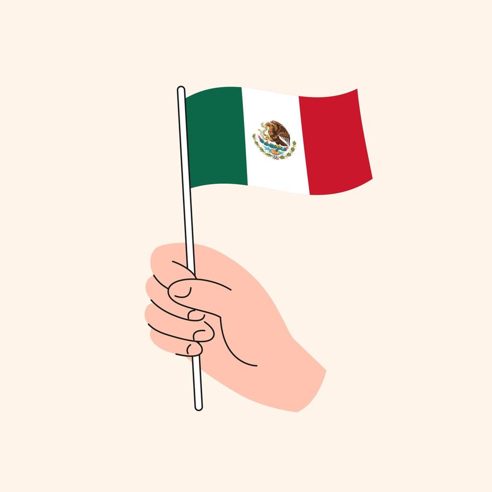 caricatura, mano, tenencia, bandera, de, méxico, aislado, vector, dibujo. vector