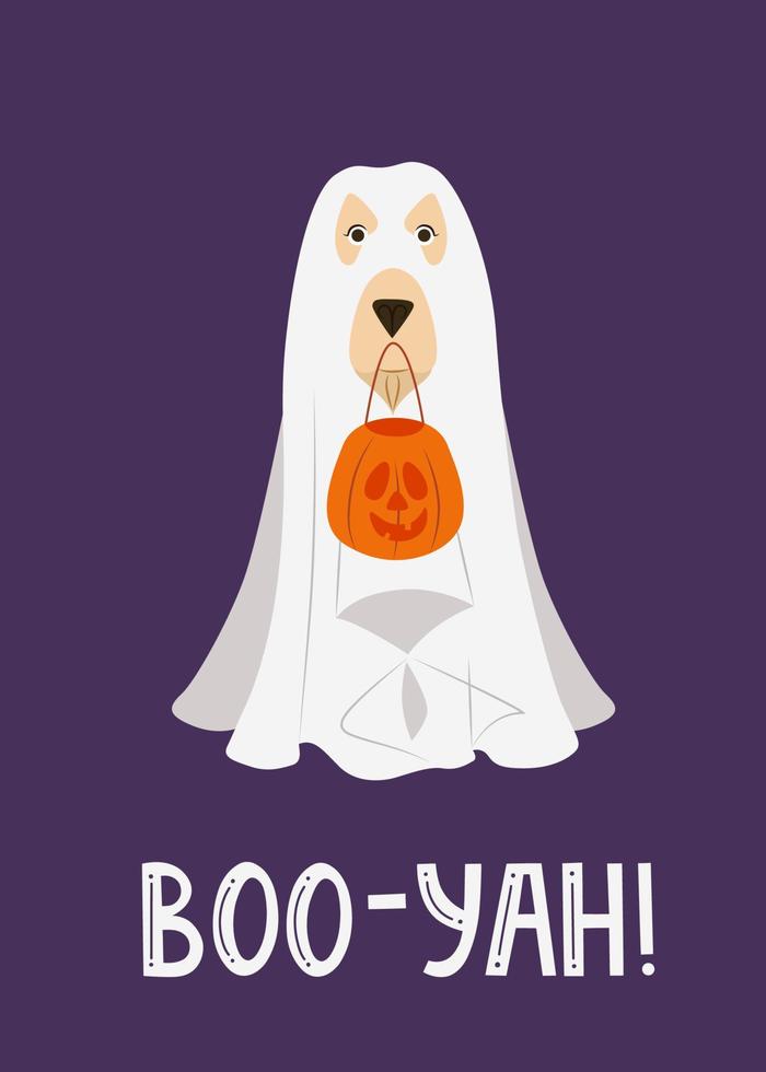 Dog in ghost costume with Halloween bucket vector illustration. Cute spooky ghost dog. Happy Halloween holday celebration decoration