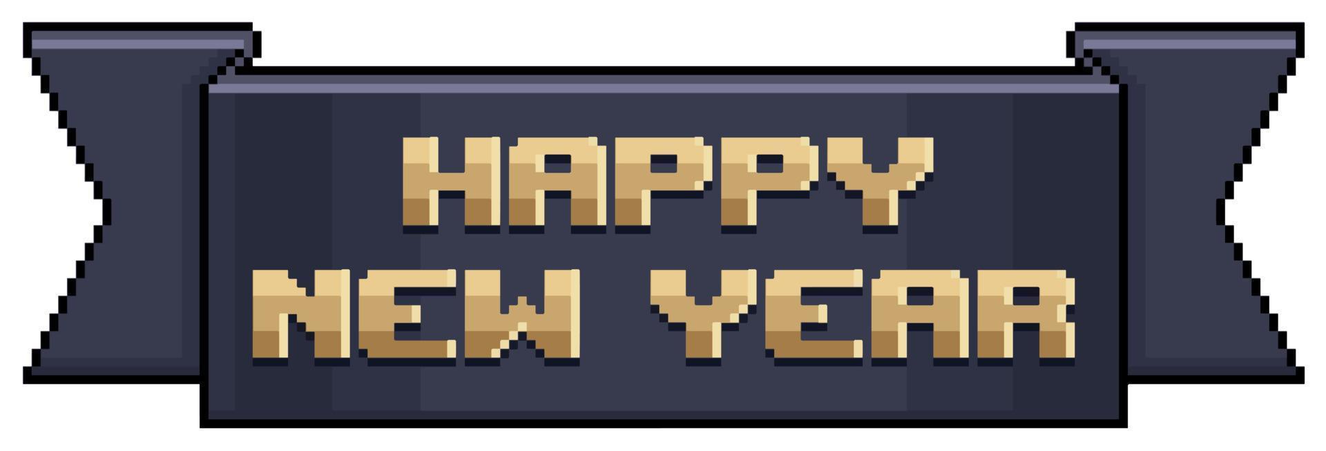 Pixel art black ribbon with happy new year, banner with golden happy new year vector icon for 8bit game on white background