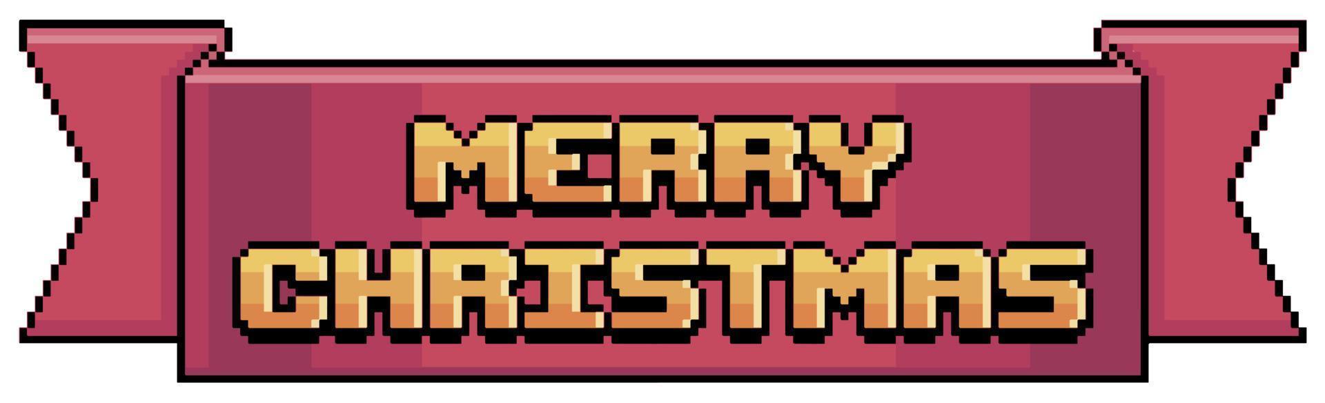 Pixel art red ribbon with merry christmas, banner with golden merry christmas vector icon for 8bit game on white background