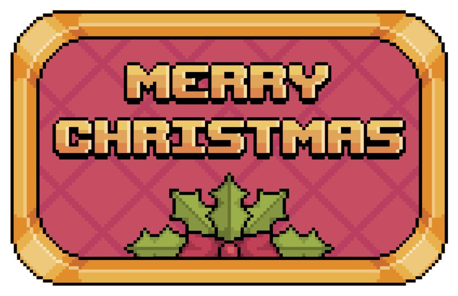 Pixel art christmas ornament with red background and gold borders with merry christmas text vector icon for 8bit game on white background