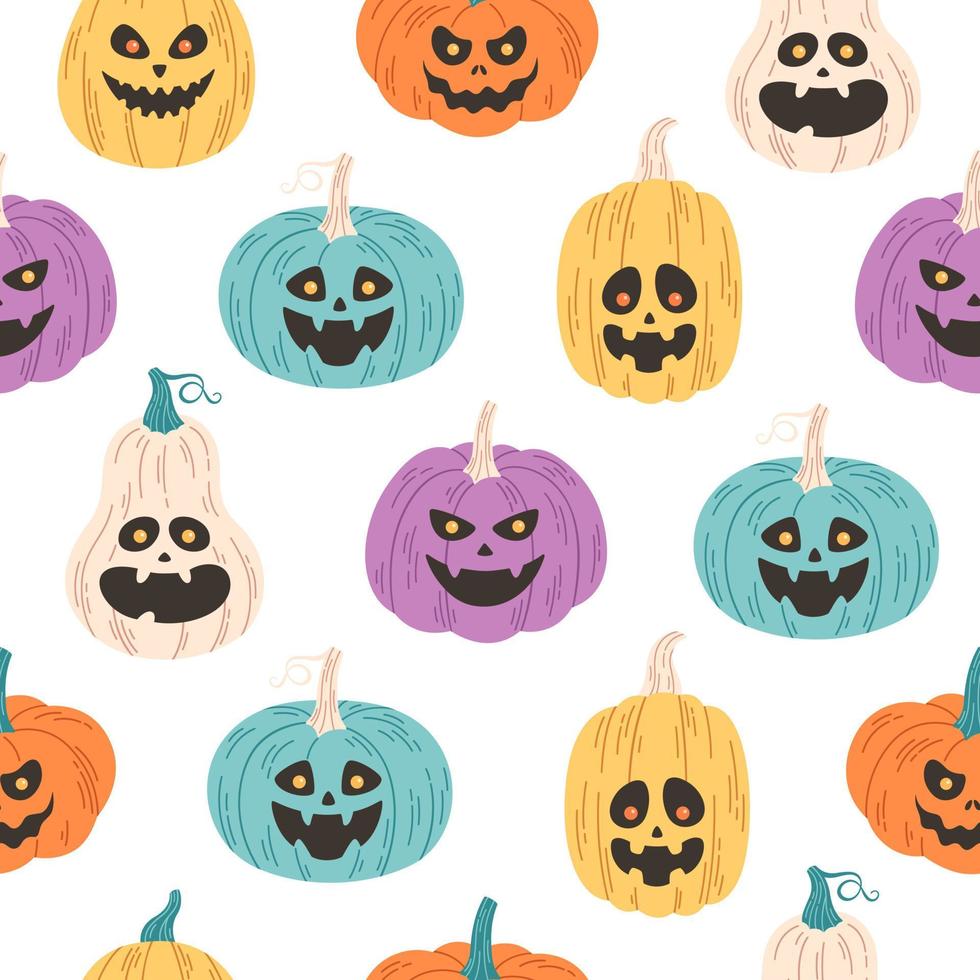 Halloween pumpkin seamless pattern, Jack o'lantern. Happy Halloween, trick or treat. Flat, hand drawn texture for wallpaper, textile, fabric, paper. vector