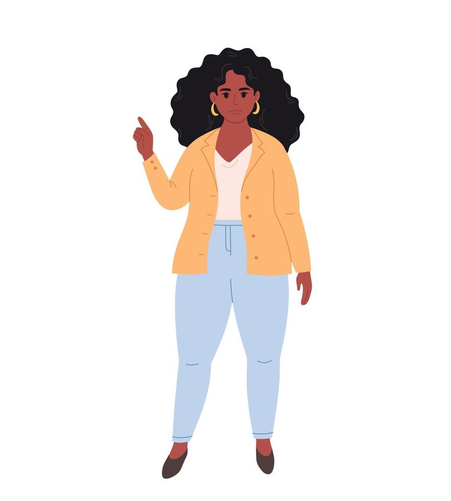 Modern young overweight black woman in office outfit. Business Woman. Teacher, entrepreneur, office worker. Stylish fashionable look vector